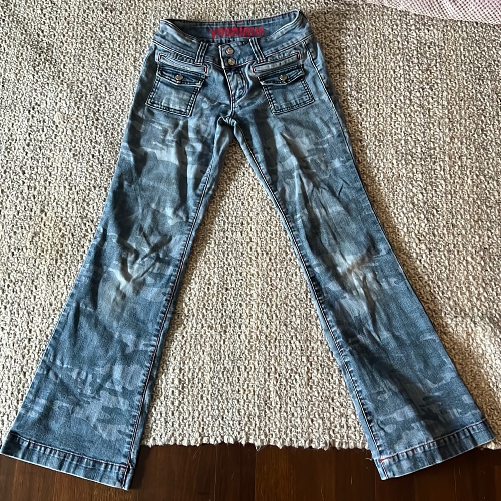 Vintage denim camo low waist flare jeans